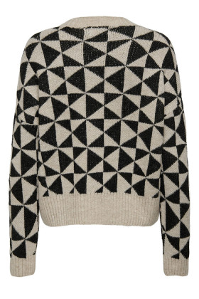 Pull col rond beige motifs géométriques losanges noirs
