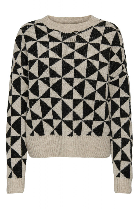 Pull col rond beige motifs géométriques losanges noirs only