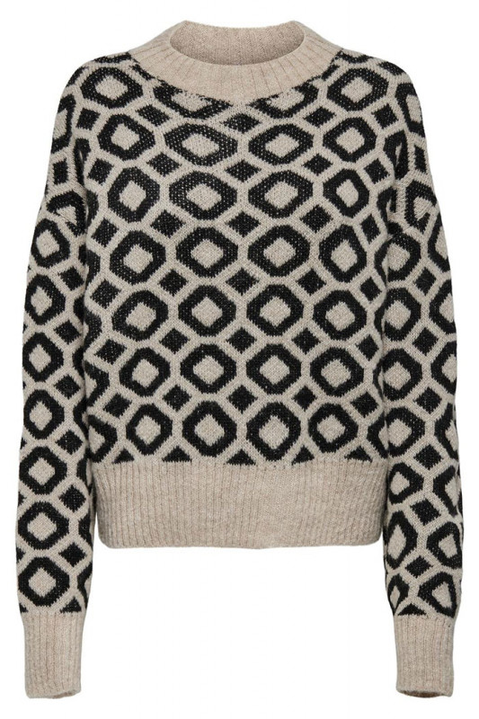 Pull col rond beige motifs géométriques ronds noirs only