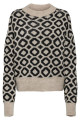 Pull col rond beige motifs géométriques noirs