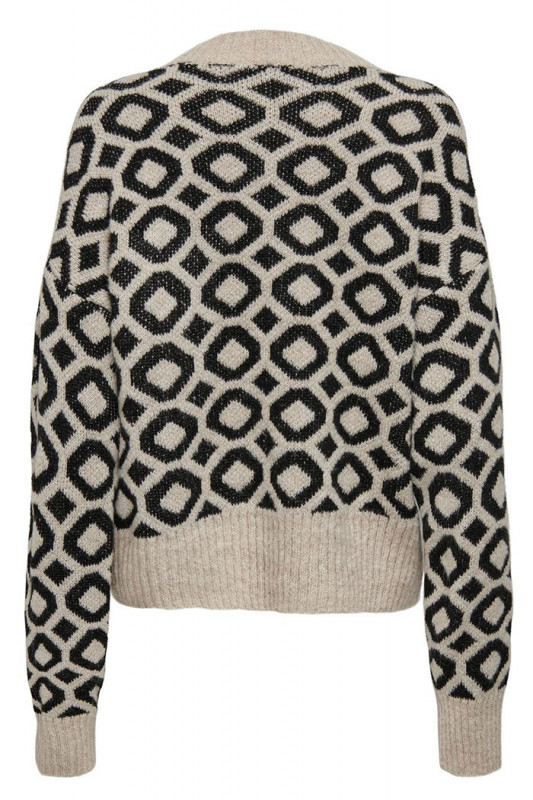 Pull col rond beige motifs géométriques ronds noirs