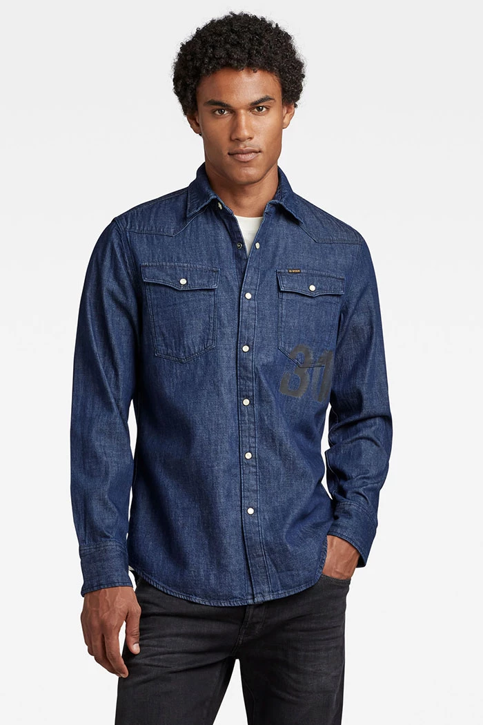 Chemise Western Bleu Marine Pour Homme G-Star RAW - Style Régulier, Fermeture à Pression, Manches Longues