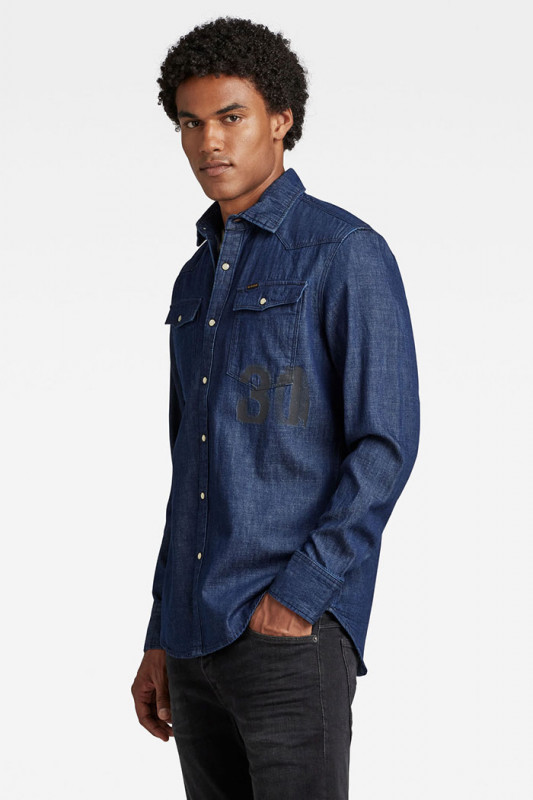 Chemise western en jean bleu foncé homme G-Star coupe slim manches longues