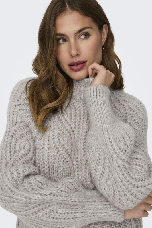 Pull tricoté col montant beige femme