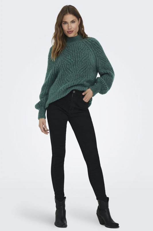 Pull tricoté col montant vert sapin femme coupe droite