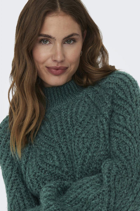 Pull tricoté col montant vert sapin femme manches longues