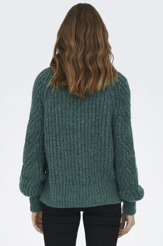 Pull tricoté col montant vert sapin femme coupe droite col montant
