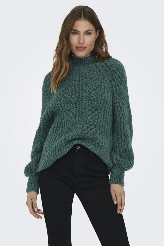 Pull tricoté col montant vert sapin femme col montant