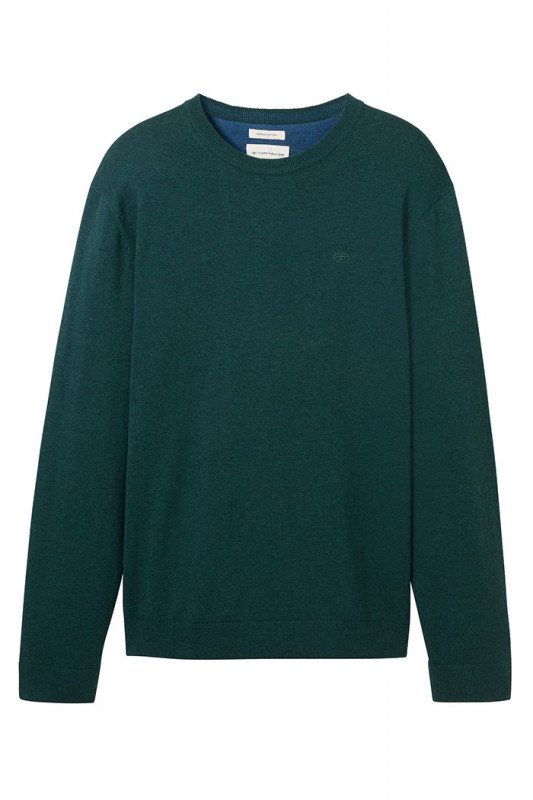 Pull basic col rond vert sapin 100% coton