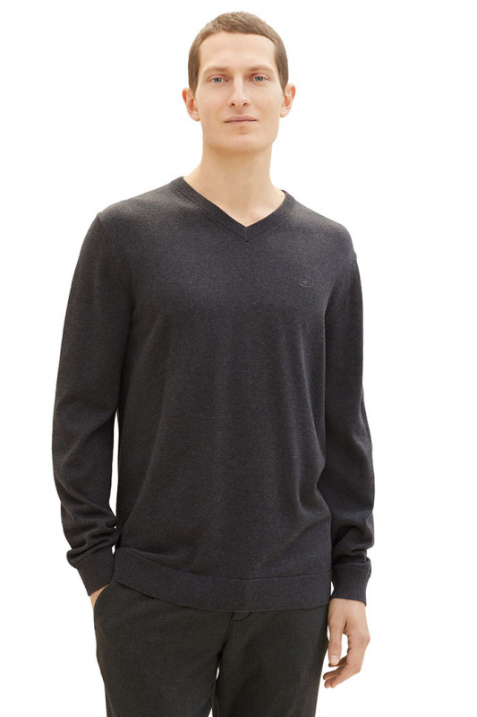 Pull basic col V gris homme