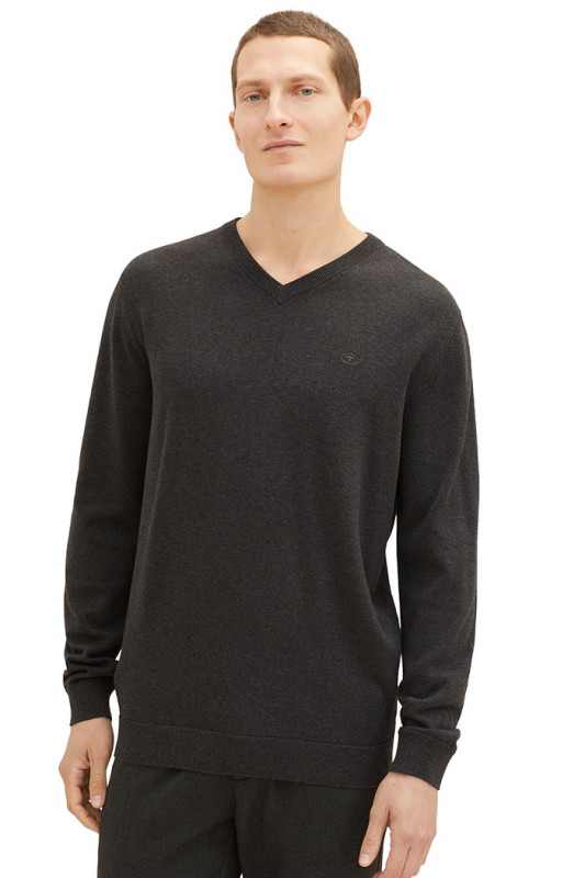Pull basic col V gris tom tailor en coton