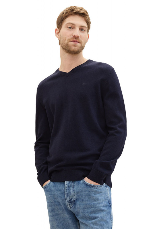 Pull basic col V bleu marine homme