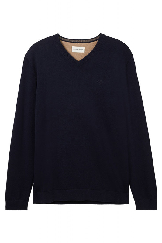 Pull basic col V bleu marine tom tailor en coton