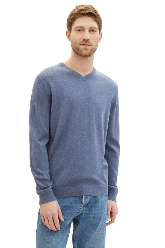 Pull basic col V vintage indigo en coton