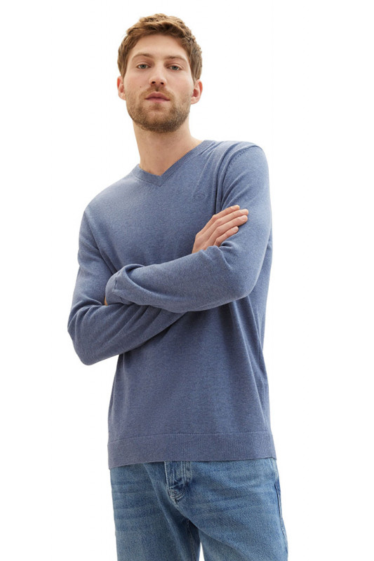 Pull basic col V vintage indigo homme