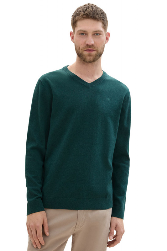 Pull basic col V vert sapin homme
