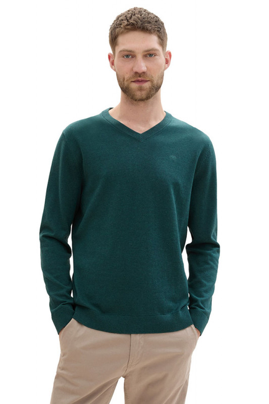 Pull basic col V vert sapin tom tailor en coton