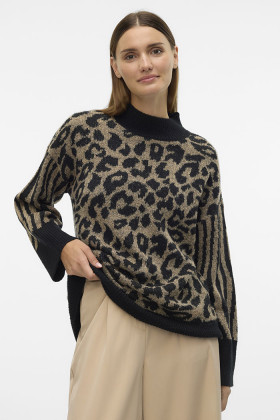 Pull à motifs beige et noir femme