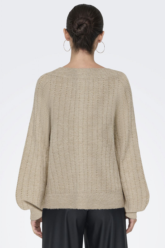 Pull en maille effet pailleté col V beige