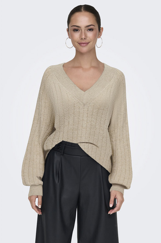 Pull en maille effet pailleté col V beige