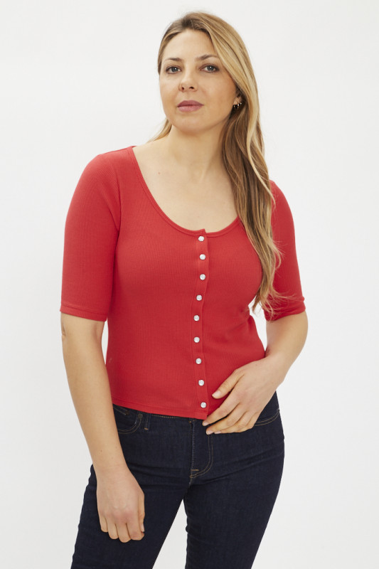 Top dry goods rouge maille gauffrée femme