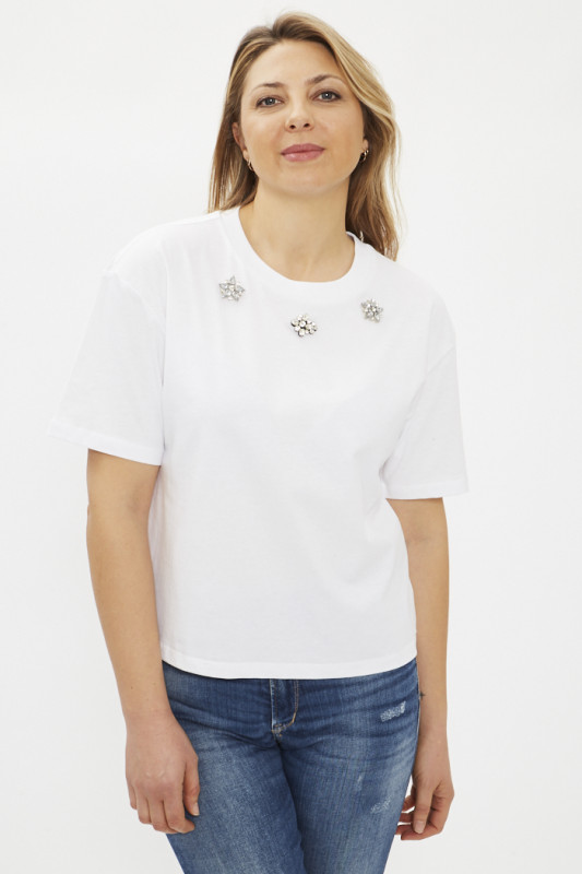 T-shirt luna strass blanc manches courtes femme