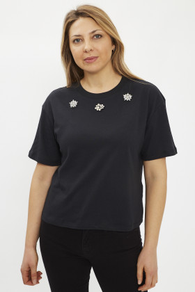 T-shirt Luna strass noir manches courtes femme