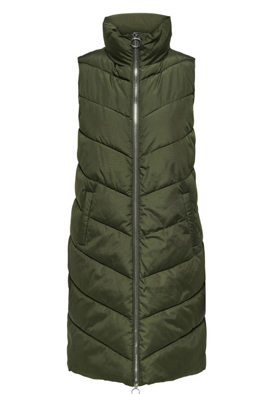 Doudoune longue sans manches kaki en polyester