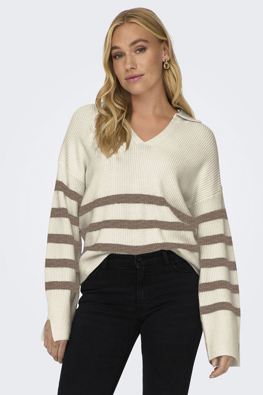 Pull Monna beige à rayures marron femme manches longues