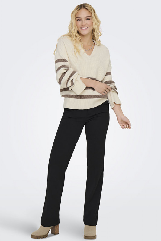 Pull Monna beige à rayures marron manches longues col V