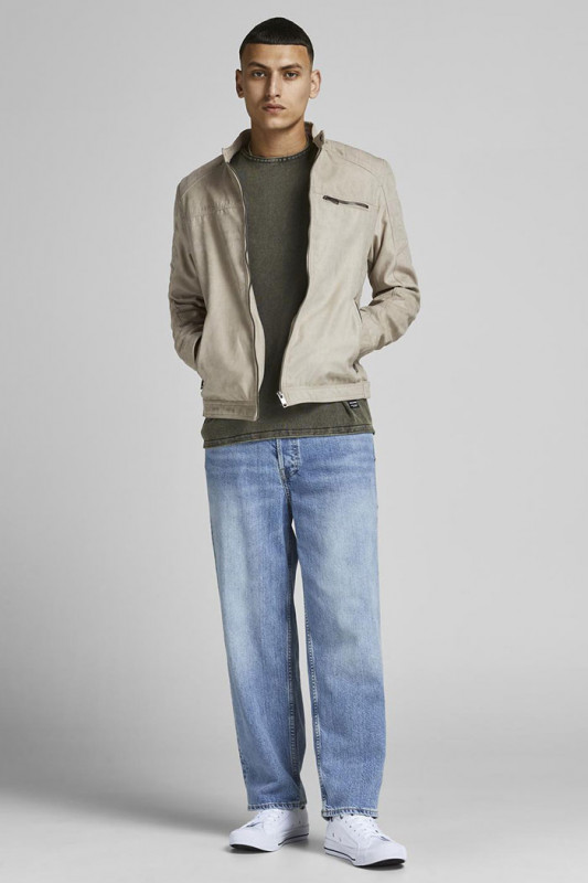 Blouson beige en simili cuir homme col motard