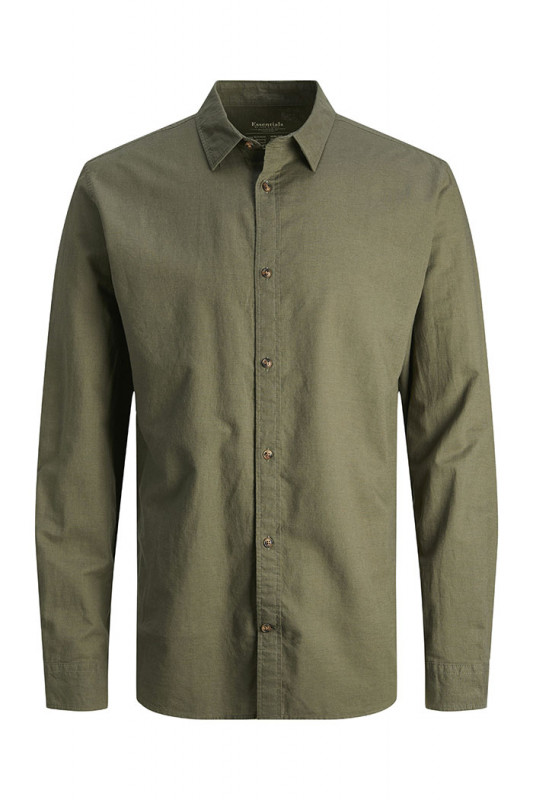 Chemise lin et coton kaki manches longues jack & jones