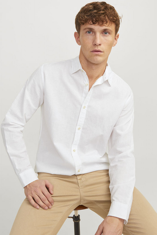 Chemise lin et coton blanche homme manches longues