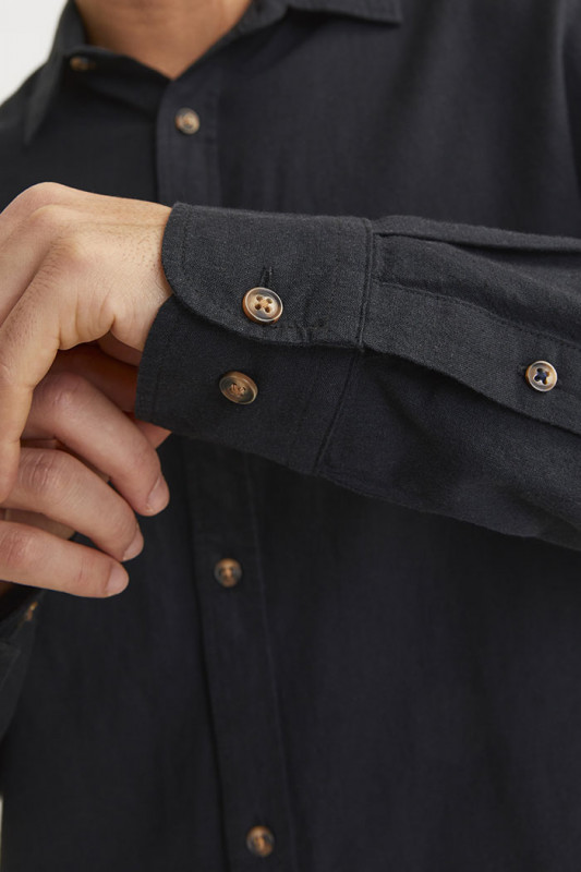 Chemise lin et coton noire manches longues