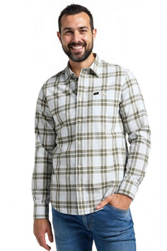 Chemise à carreaux écru/olive homme