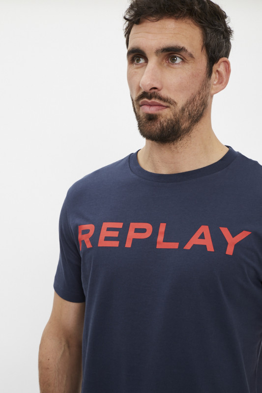 T-shirt bleu marine avec lettrage sur la poitrine homme Replay