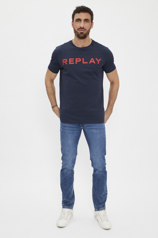 T-shirt bleu marine avec lettrage sur la poitrine Replay