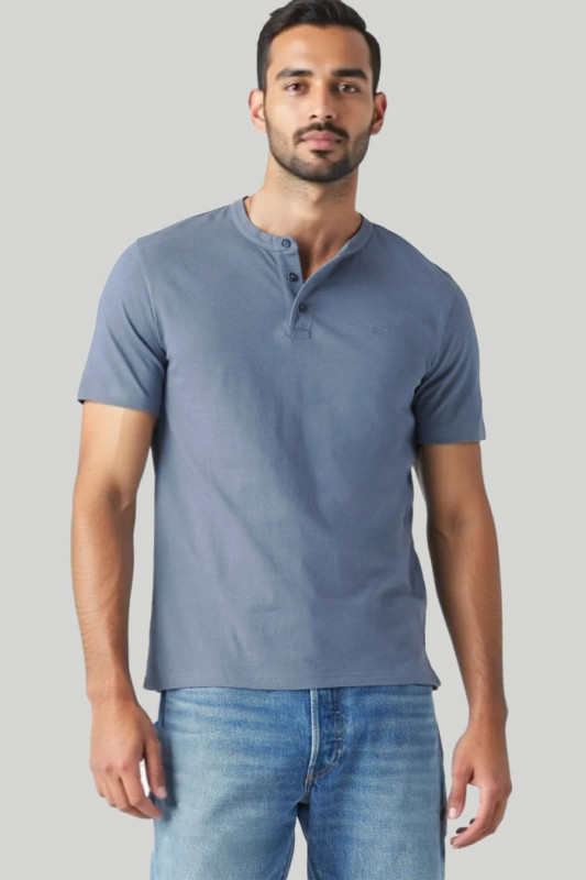T-shirt à col tunisien bleu indigo homme