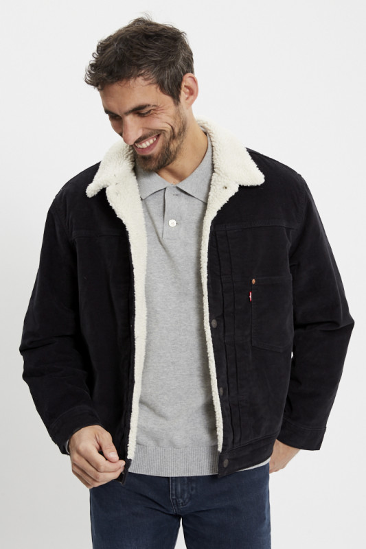 Veste trucker type 1 sherpa en velours noir