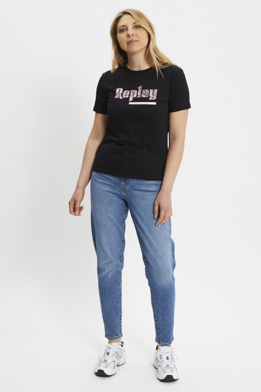 T-shirt graphique noir en coton femme Replay