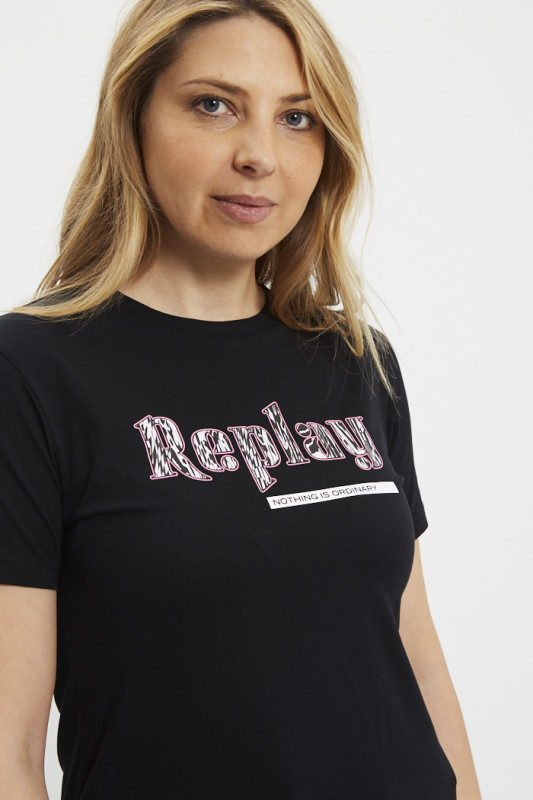 T-shirt graphique noir en coton Replay