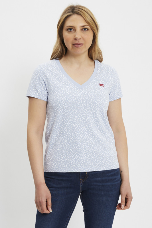 T-shirt Perfect col V bleu à fleurs femme