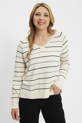 Pull Petal col V beige à rayures femme
