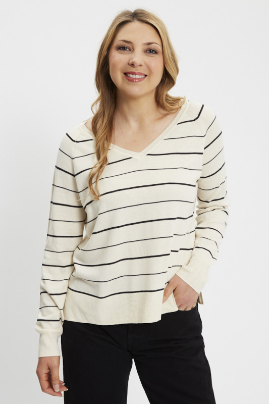 Pull Petal col V beige à rayures femme