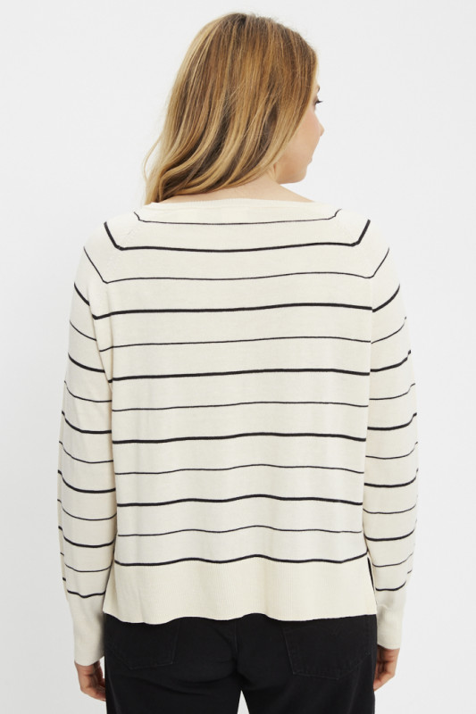 Pull Petal col V beige à rayures