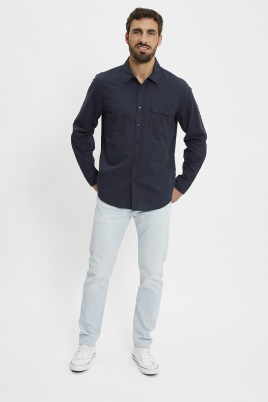 Chemise bleu marine lin & coton Replay manches longues