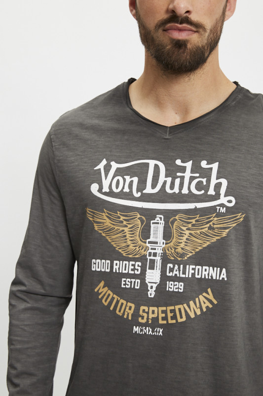 Tee shirt manches longues effet chiné gris homme Von Dutch