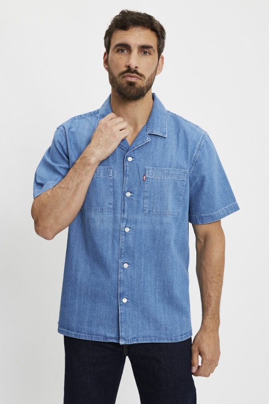Chemise Camp standard en jean medium indigo homme
