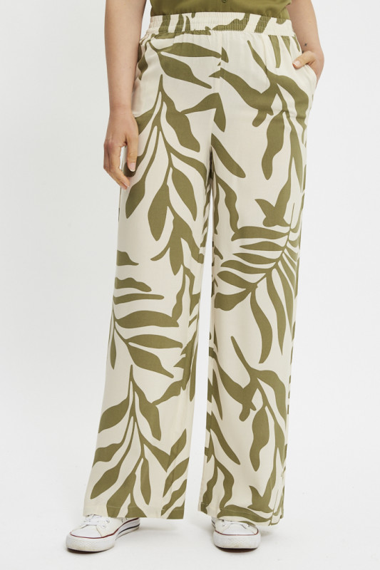 Pantalon large Staro beige imprimé feuilles femme