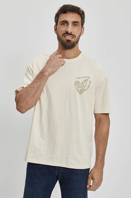 T-shirt couleurcrème coeur imprimé en relief homme